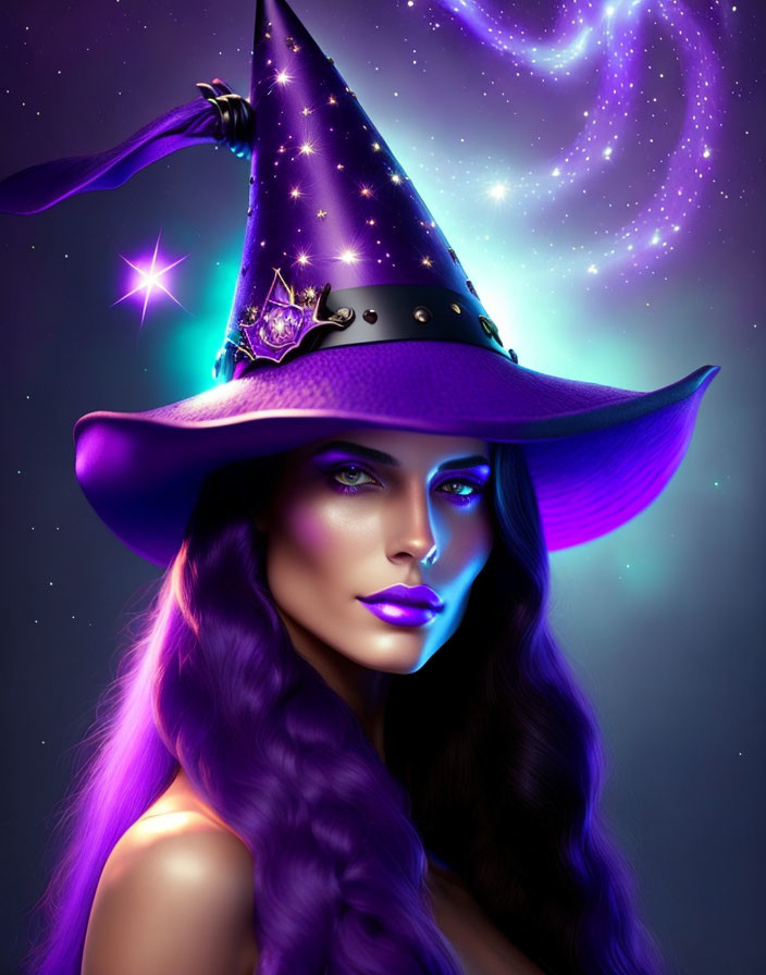 Stylized image of woman with purple makeup in starry witch hat