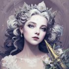 Serene woman portrait with golden crown and floral frame