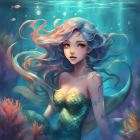 Animated mermaid with flowing hair and green scales swimming among coral and fish