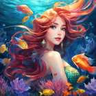 Red-haired mermaid swimming with tropical fish in captivating blue underwater scene