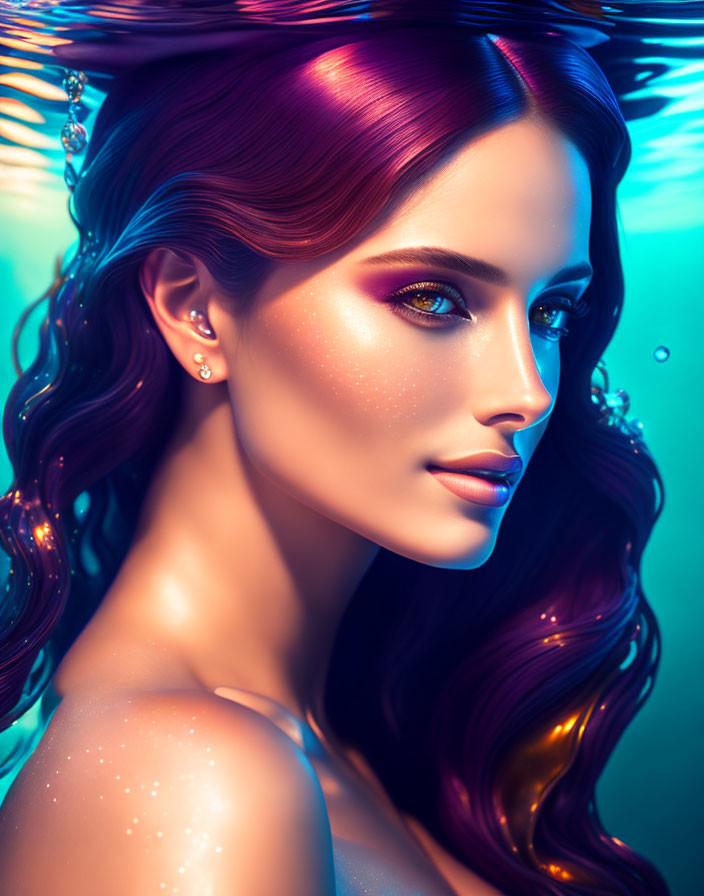 Colorful Hair Woman Submerged in Water Artwork