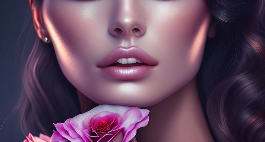 Detailed close-up of woman's glossy lips, pink rose, smooth skin, and dark wavy hair