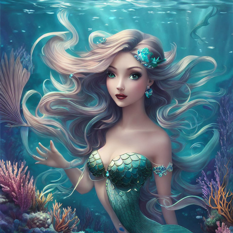 Animated mermaid with flowing hair and green scales swimming among coral and fish