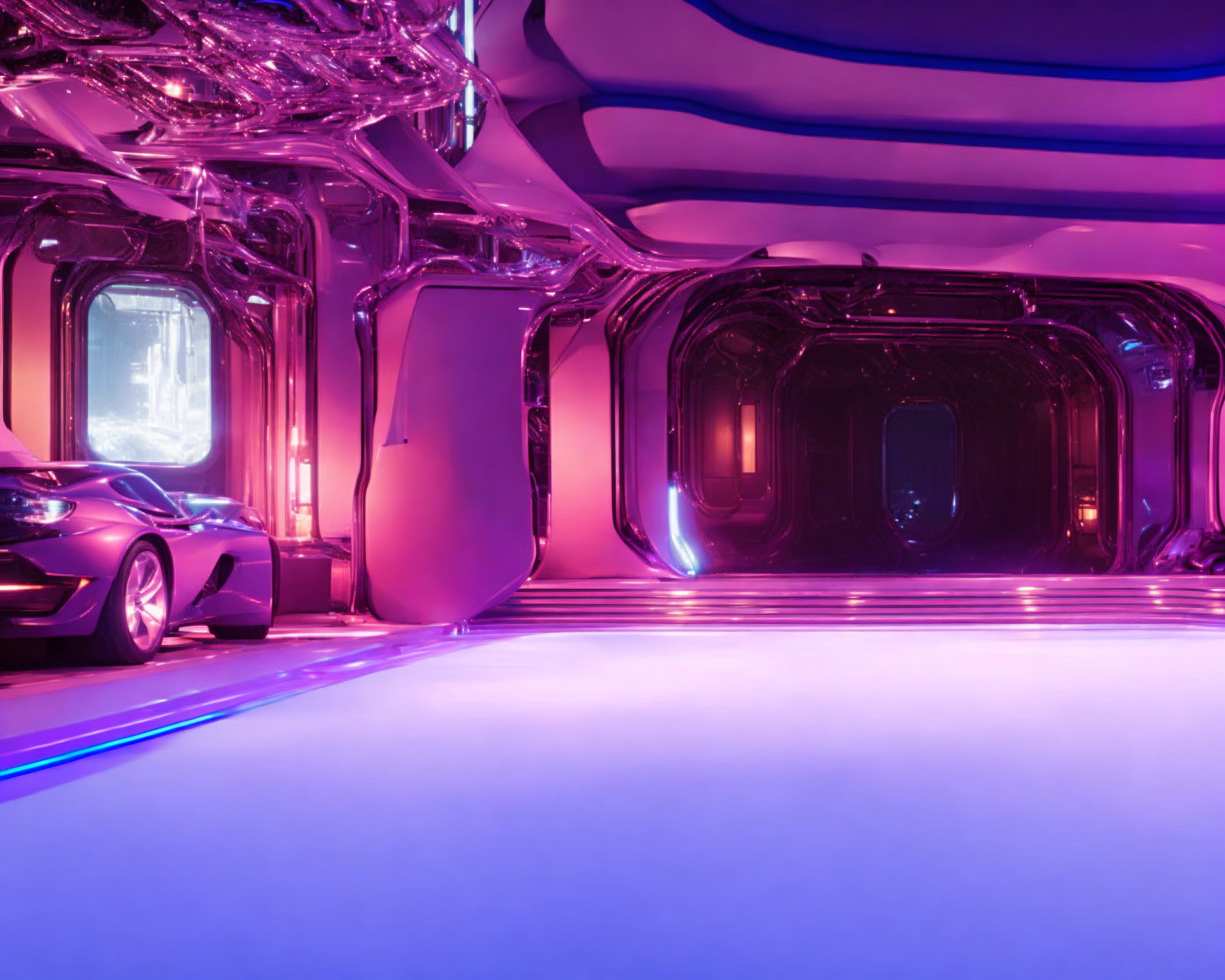 Sleek Metallic Futuristic Interior with Purple and Blue Lighting