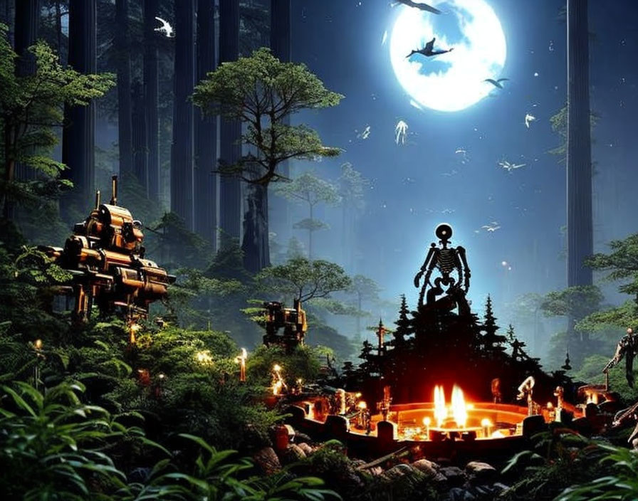 Fantastical forest scene: full moon, flying dragons, robots, campfire, oversized skeleton