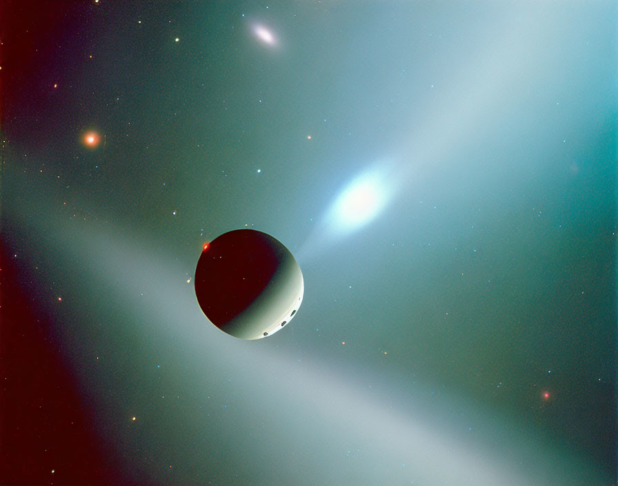 Soothing digital artwork: Exoplanet with moons in cosmic galaxy.