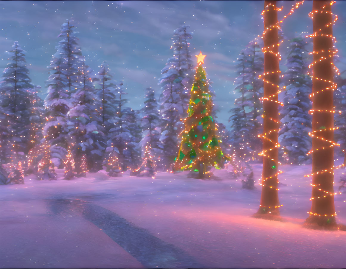 Snowy Dusk Scene: Christmas Trees & Festive Lights in Twilight Sky