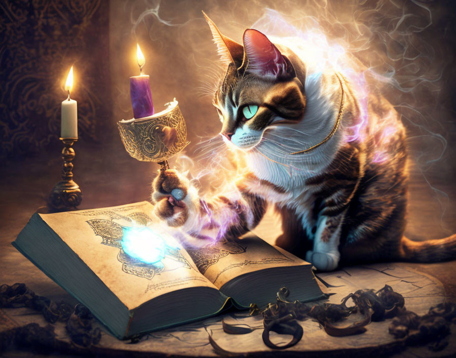 Mystical cat with candle and ancient book in magical setting