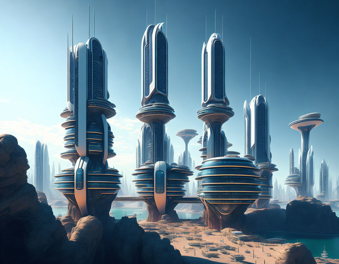 Futuristic cityscape with sleek skyscrapers in desert-like terrain