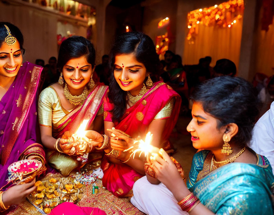 Four women in traditional Indian attire smiling at ceremony with oil lamps and sparklers