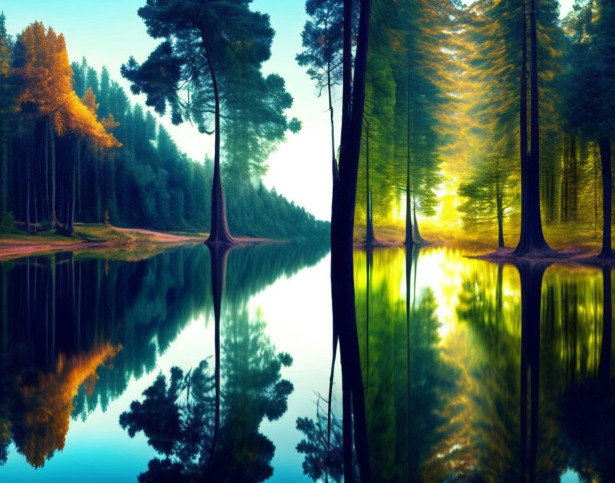 Serene forest scene: tall trees mirrored in calm lake at dawn or dusk