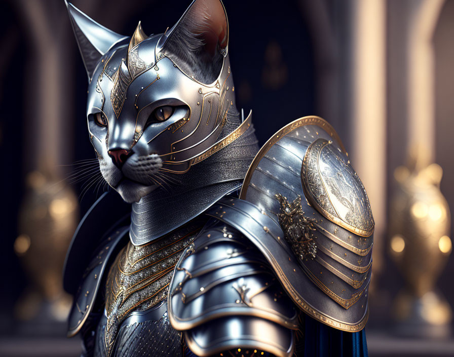 Digital Artwork: Cat in Medieval Armor with Human-Like Eyes