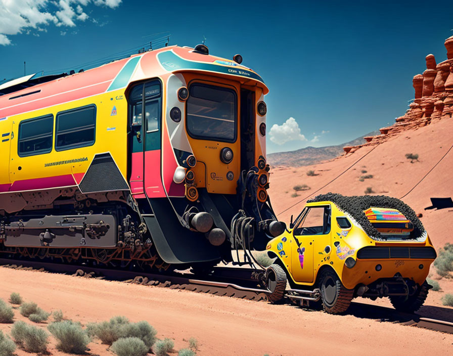 Colorful yellow car parked next to train in desert landscape