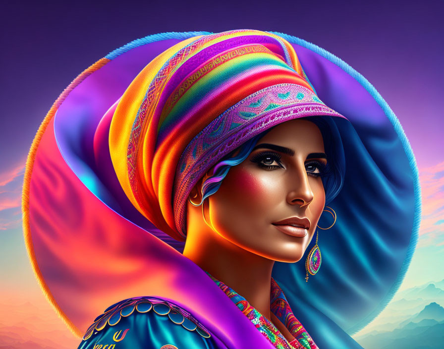 Colorful digital portrait of a woman in a turban against a purple sky