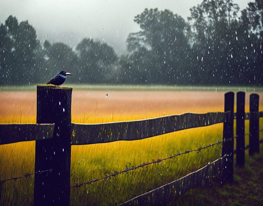 Bird perched on wooden fence post overlooking stormy, rain-soaked field