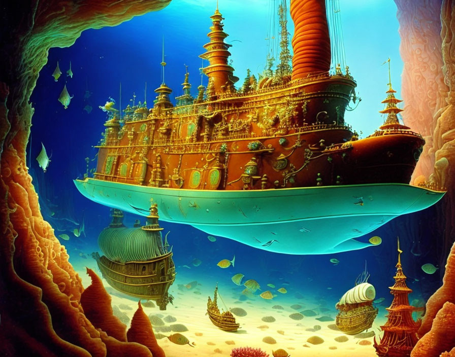 Fantasy steampunk submarine surrounded by fish near rocky formations