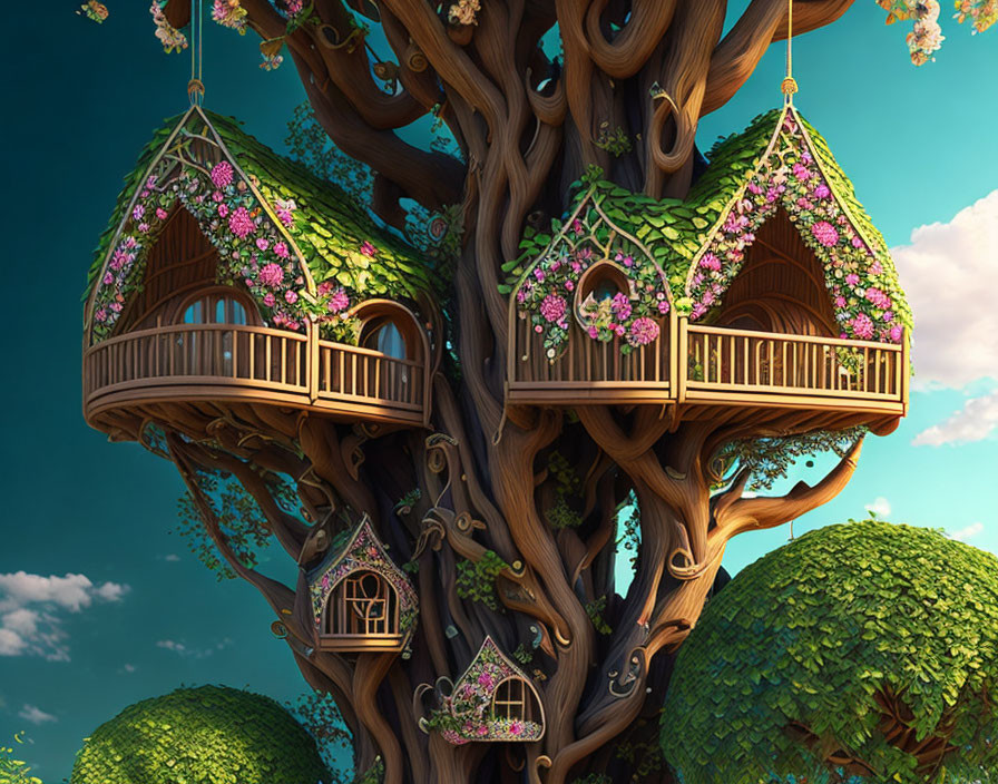 Intricate Wooden Treehouse Amid Blossoming Flowers