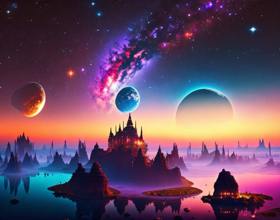 Fantasy landscape digital art with castle, nebula, stars, moons.