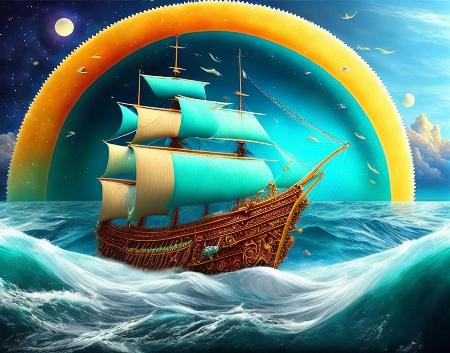 Elaborately decorated sailing ship on turbulent sea with crescent moon and planets