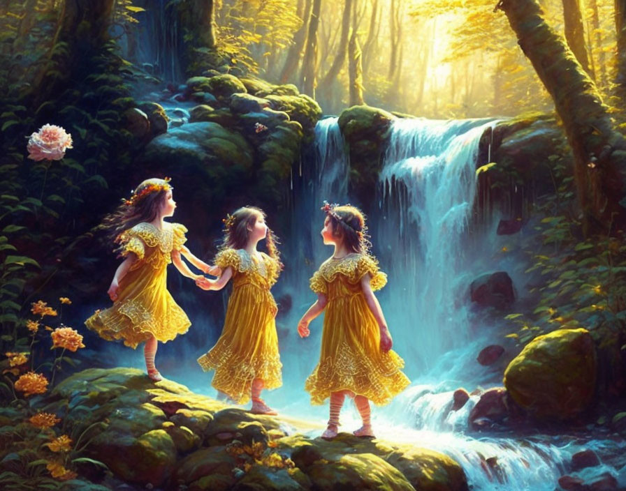 Three girls in yellow dresses playing in a forest with a waterfall and sunlight filtering through trees.