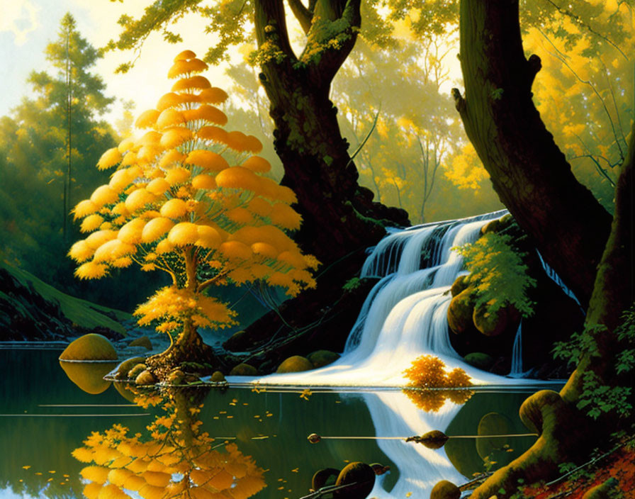 Tranquil forest scene with yellow tree, waterfall, and river