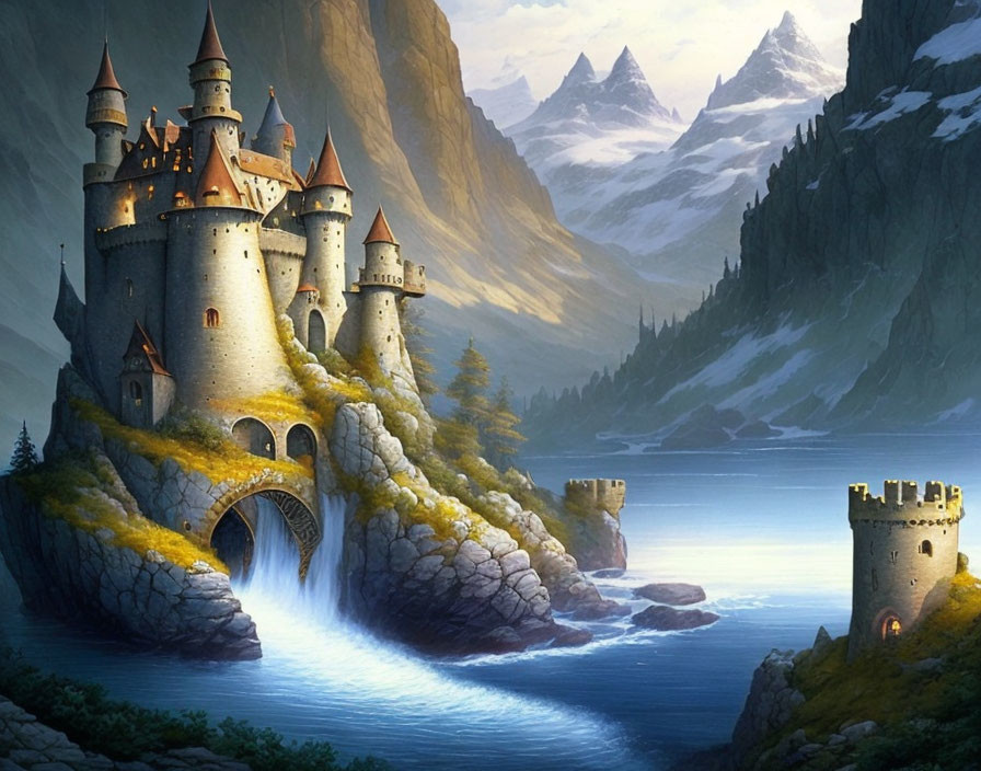 Medieval castle with towers, stone bridge, waterfall, lake, mountains