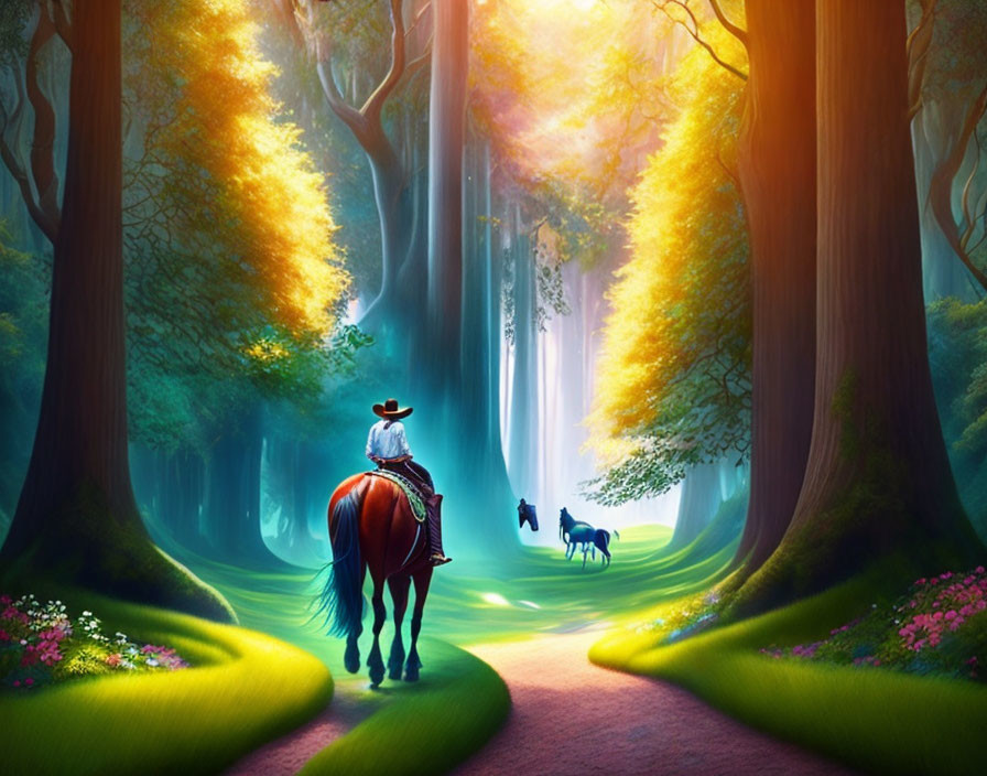 Two horses in enchanting forest with towering trees