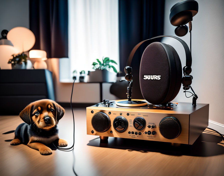 Puppy beside wooden amplifier with headphones in cozy room