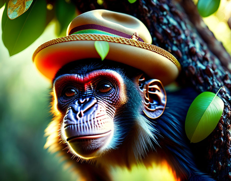 Digitally altered monkey with piercing eyes in colorful hat against vibrant backdrop