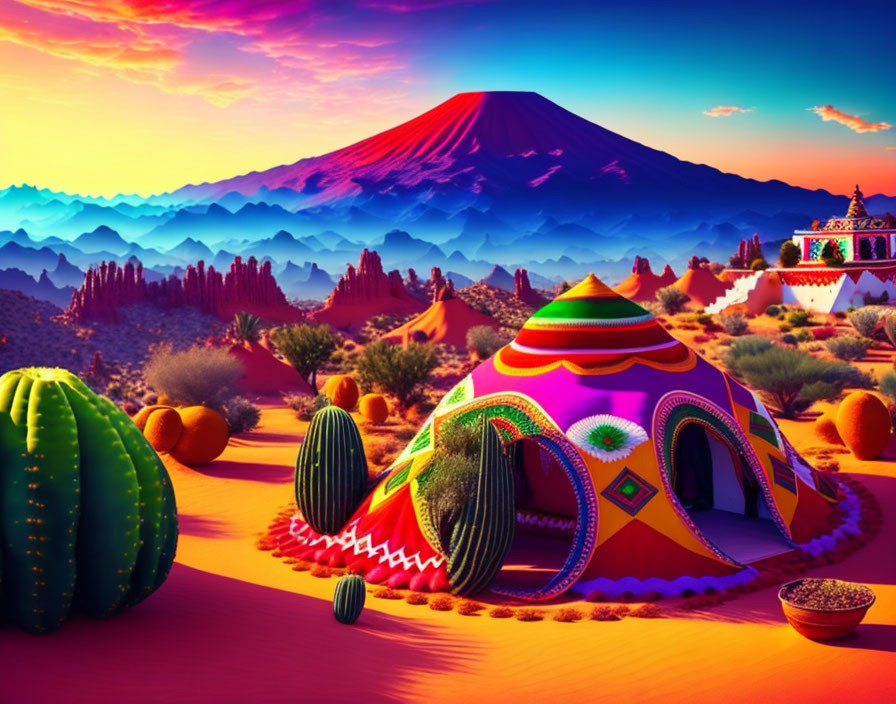 Colorful desert scene with traditional tent, cacti, bowl, mountains, and purple-orange sky