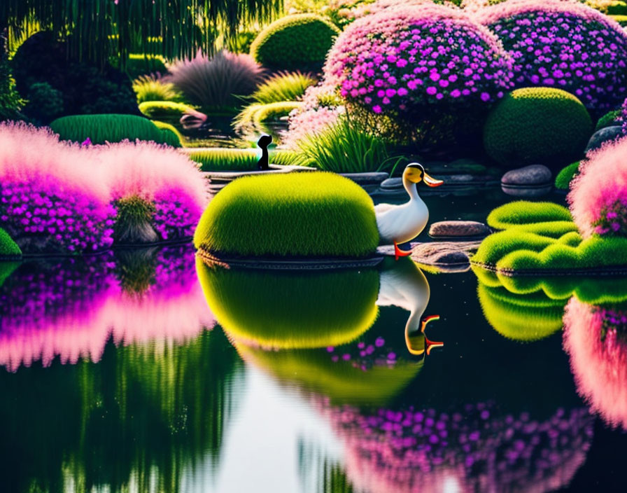 Lush Garden with Spherical Topiaries, Pond Reflections, Ducks, and Pink Flowers