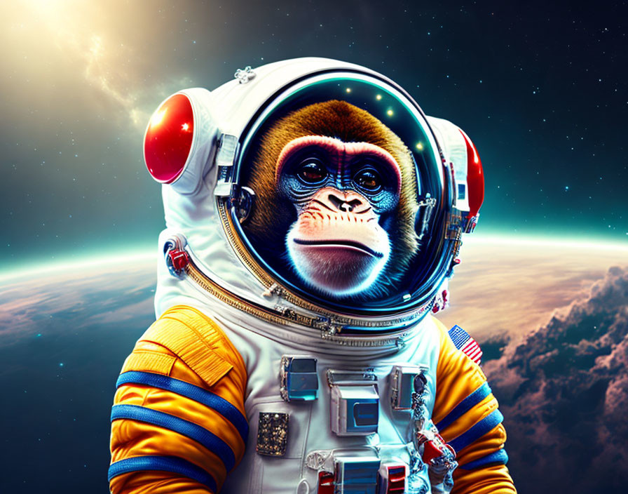 Digitally altered monkey in astronaut suit in space orbit.