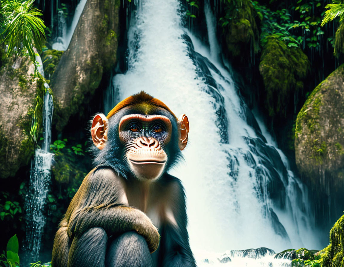 Striking monkey in front of lush waterfall and foliage