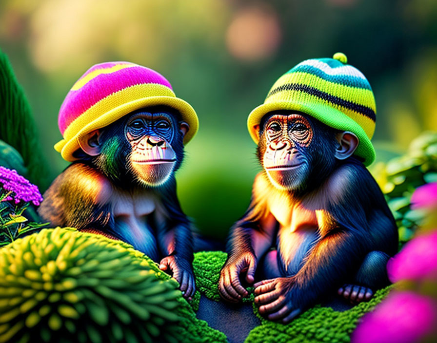 Colorful Striped Hat Toy Monkeys Among Vibrant Flowers