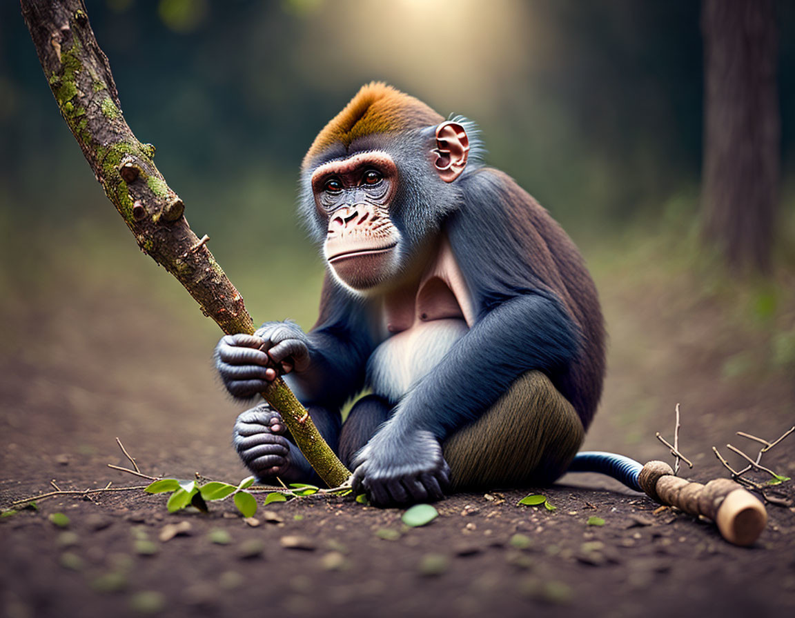 Vibrant monkey with blue face and orange-brown fur in forest setting