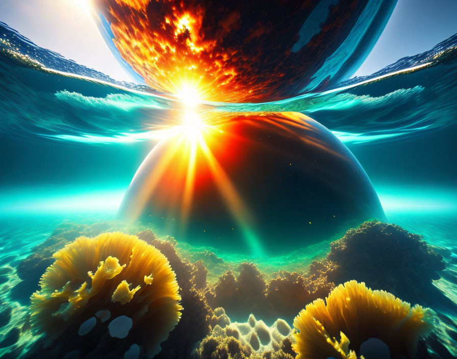 Sunlit Coral Reef with Celestial Body in Underwater Scene