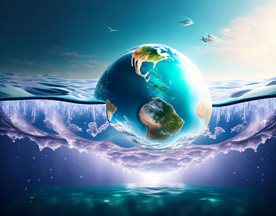 Earth-like bubble in water with continents, fish, and sky reflection