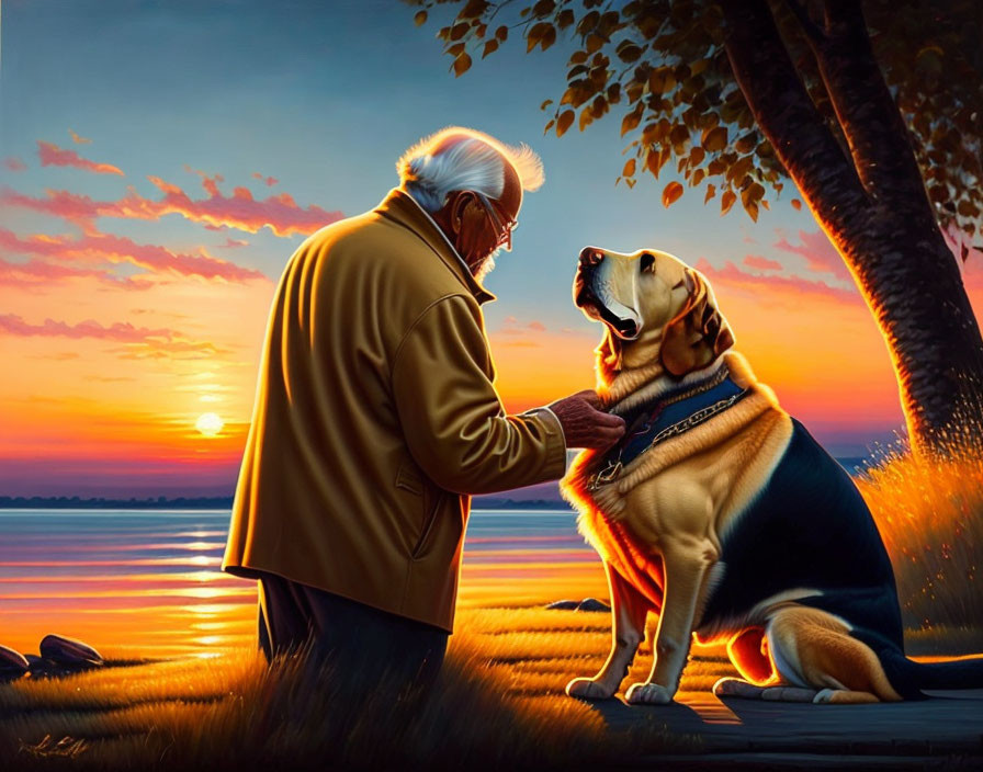 Elderly man in coat pets loyal dog by serene lakeside at sunset