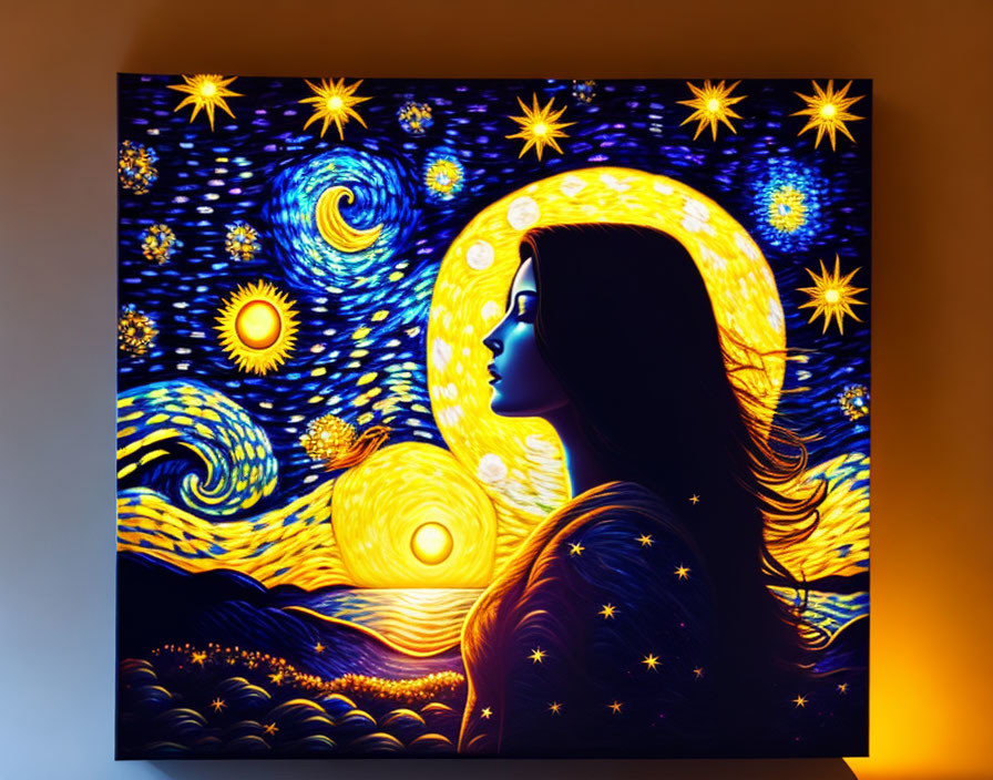 Vibrant artwork with woman silhouette against starry night backdrop