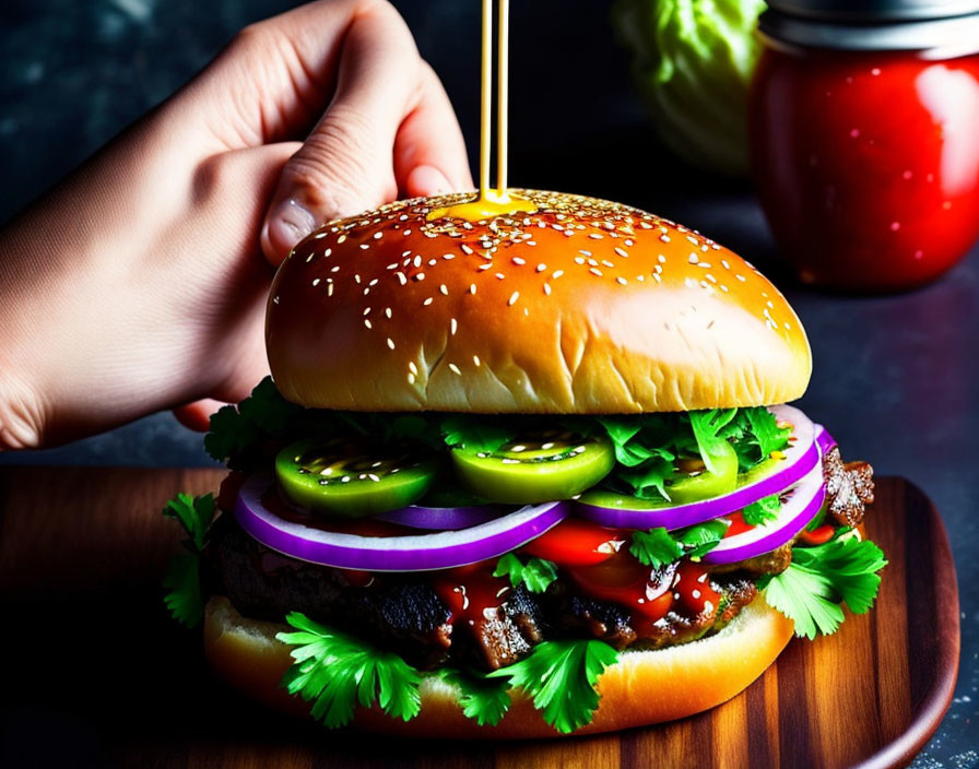 Freshly prepared burger with lettuce, tomato, pickles, onions on sesame seed bun