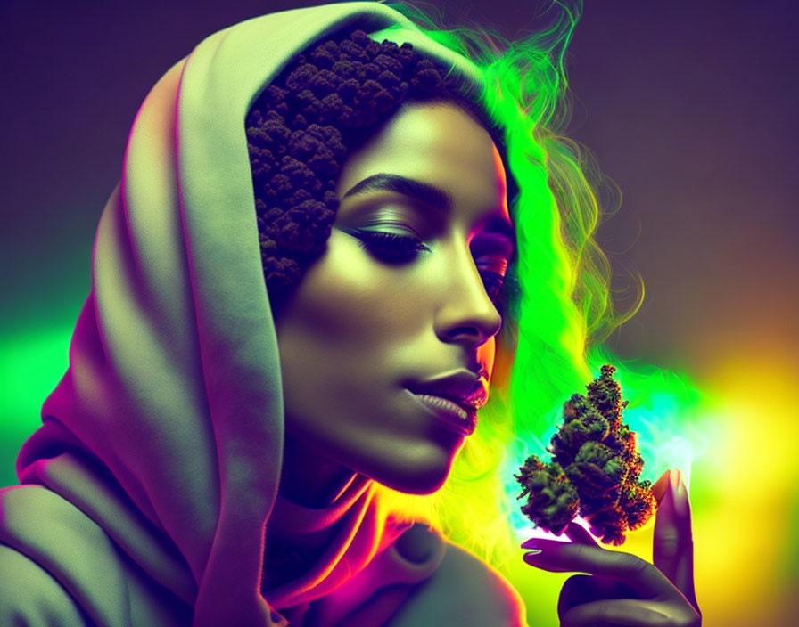 Vibrant portrait of a person with headscarf and plant in neon green and purple hues