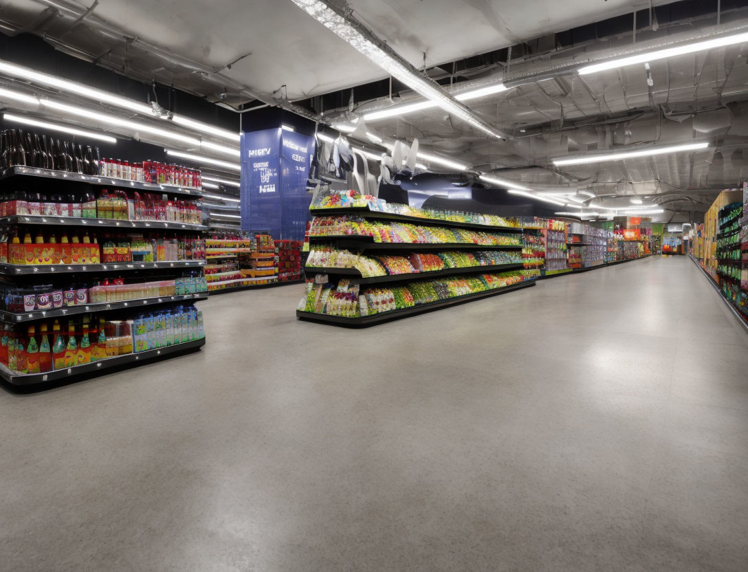 Organized supermarket interior with produce and drinks shelves