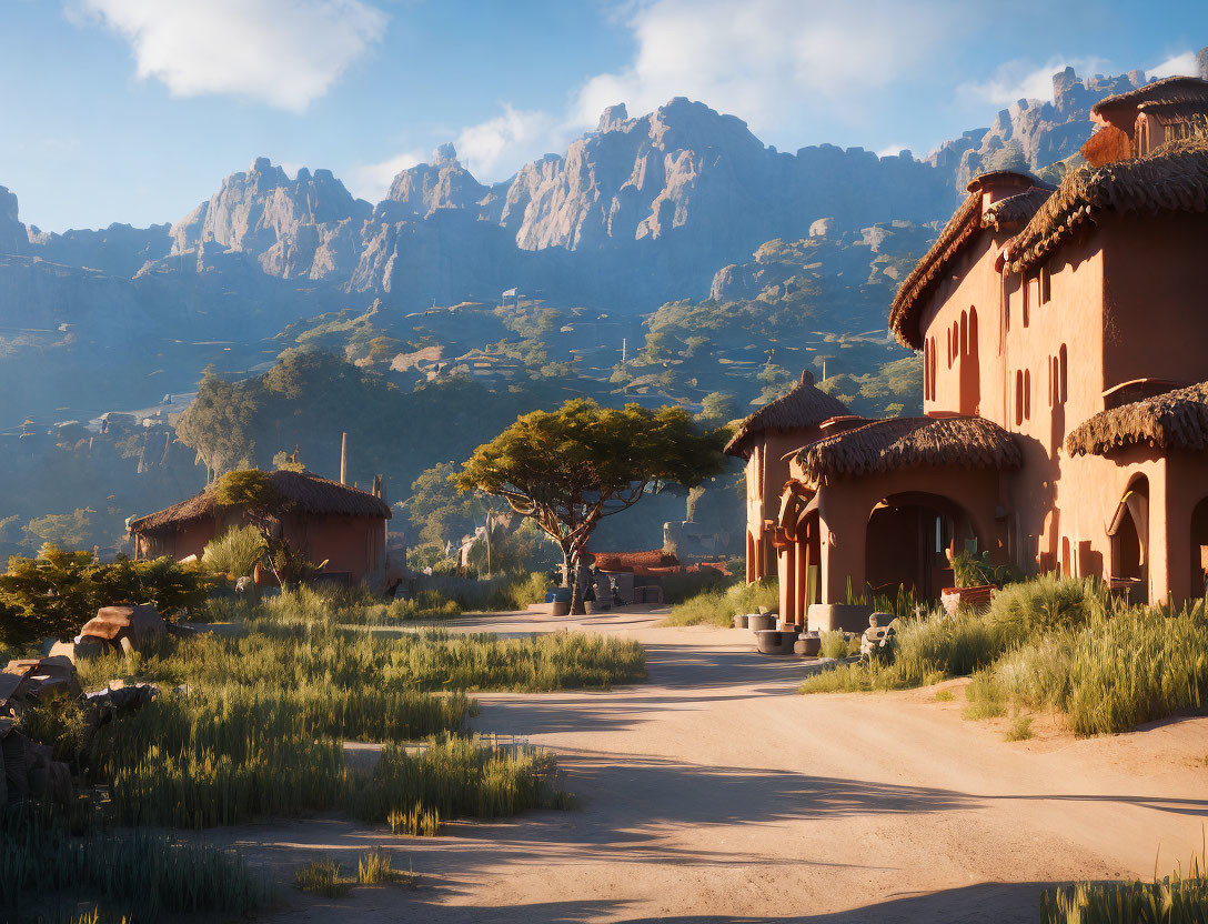 Scenic village with terracotta-roofed houses and mountain backdrop