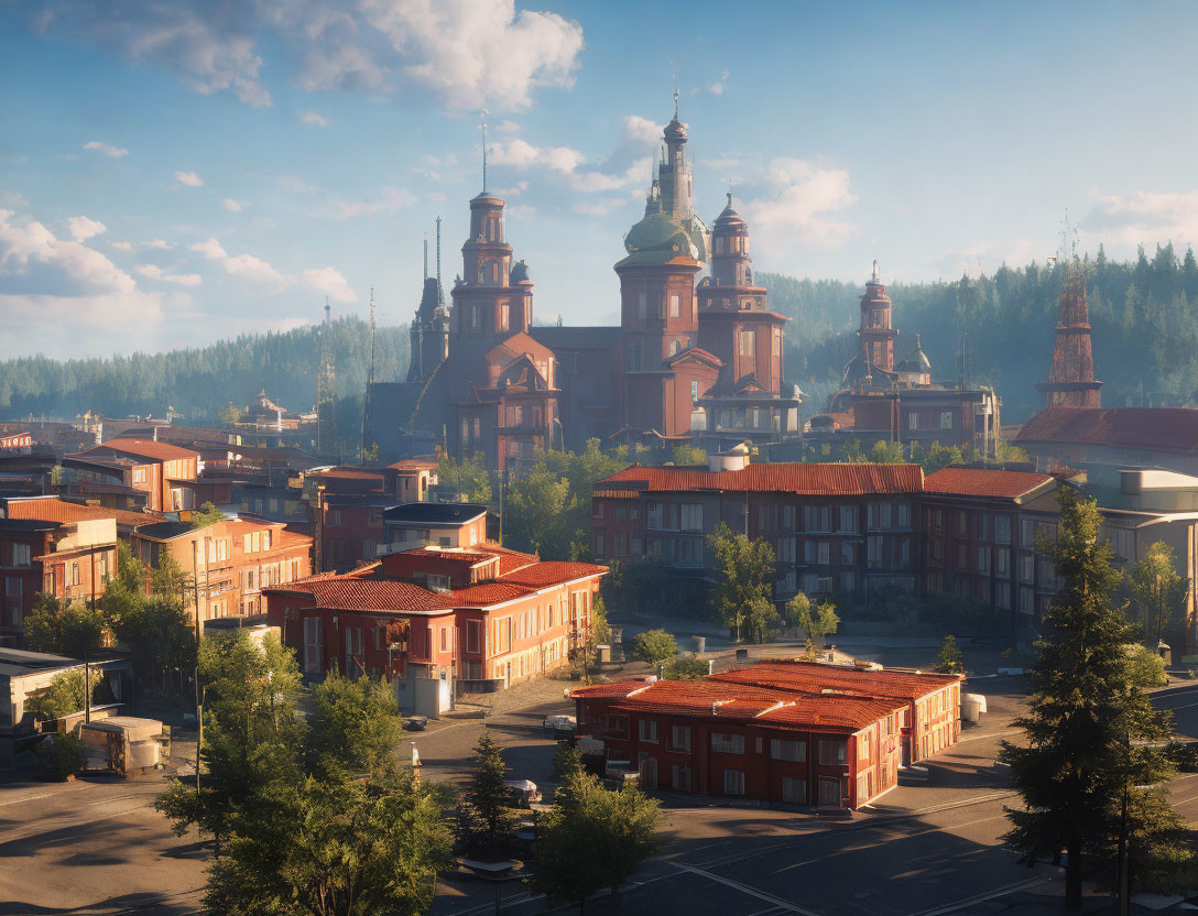 Scenic town with red-roofed buildings and ornate towers in lush setting