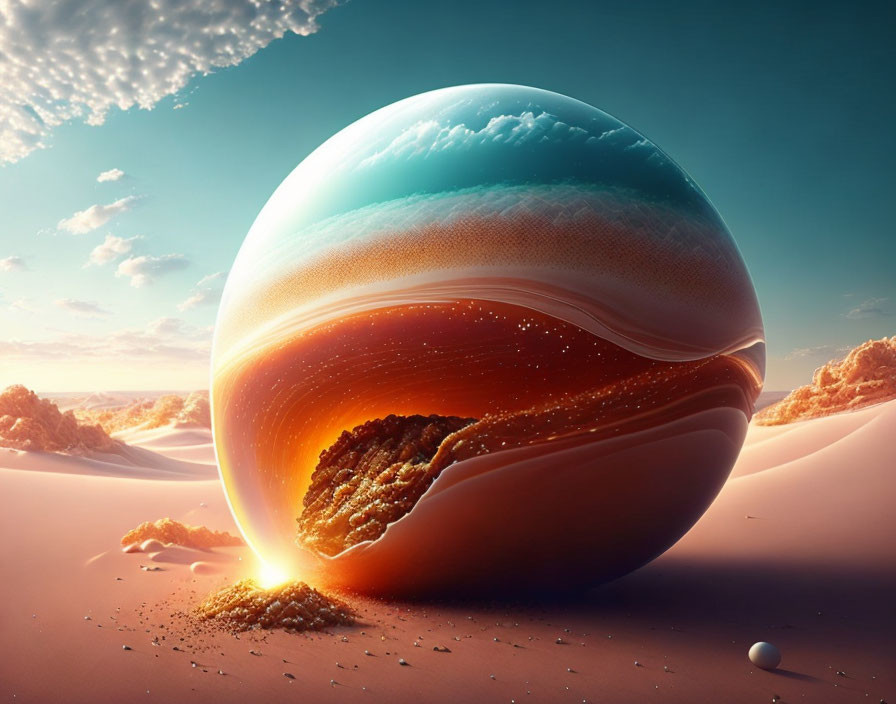 Surreal landscape with sandy dunes and massive planet-like object