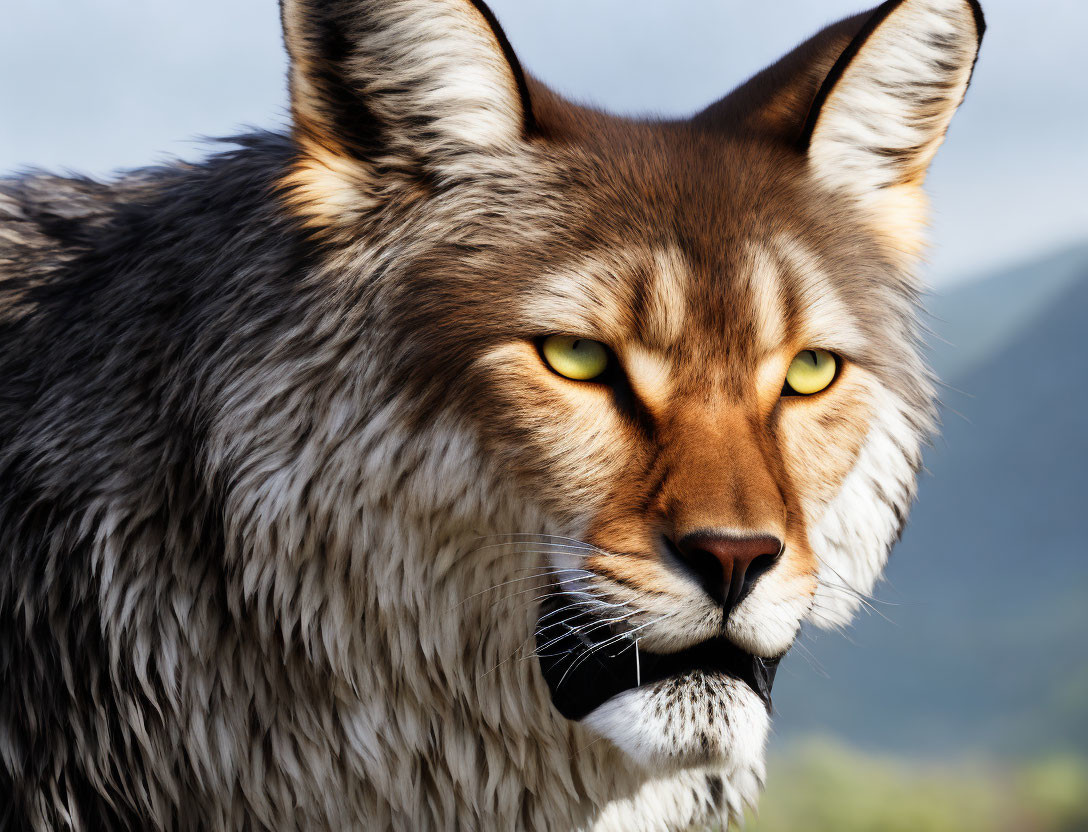 Photorealistic creature illustration blending wolf and lynx features