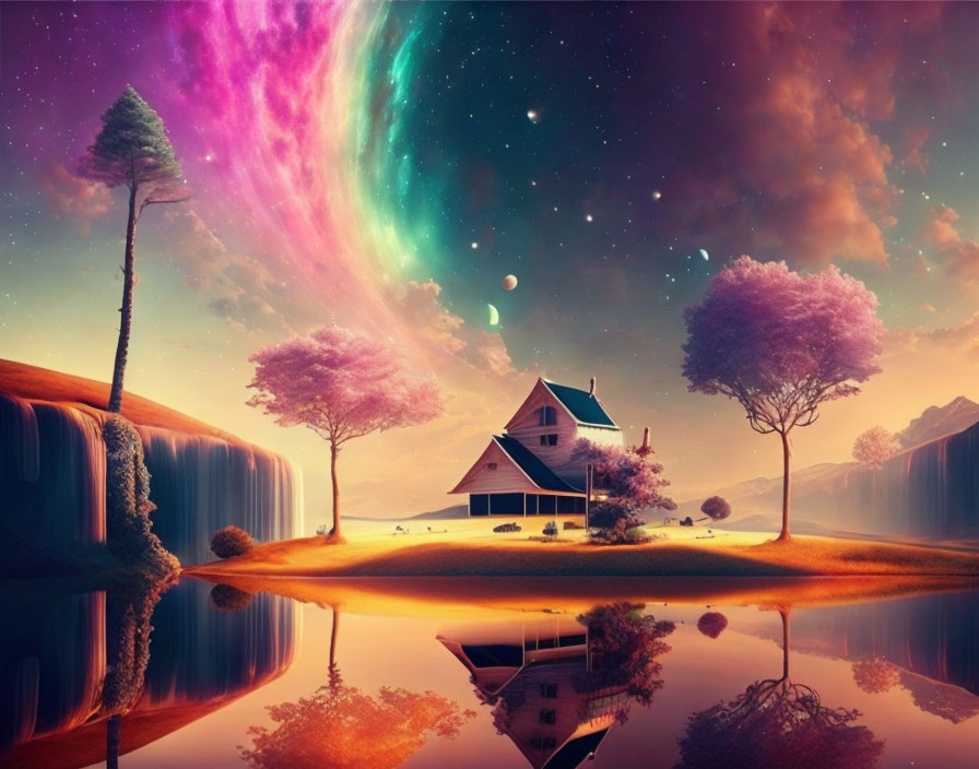 Vibrant surreal landscape with house, lake, colorful trees, waterfalls