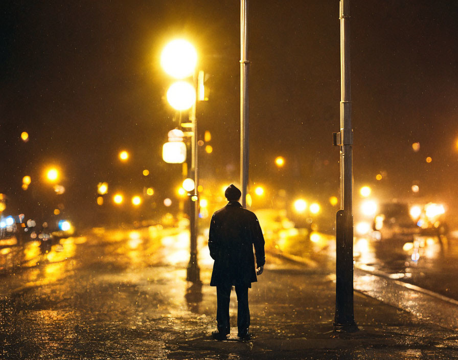 Lonely figure in rain-soaked city street at night with soft bokeh lights