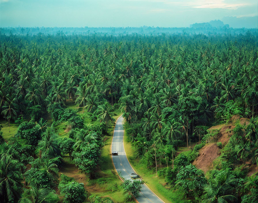 Scenic winding road through dense palm tree forest