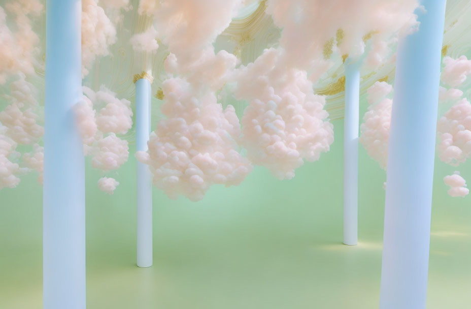 Pastel-colored art installation featuring fluffy pink clouds on light blue columns.